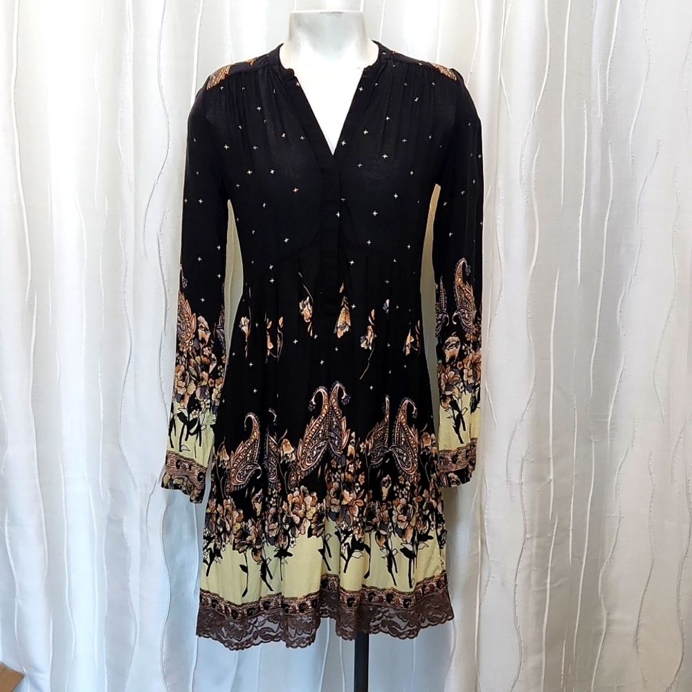 Free People Black Paisley Long Sleeve Dress